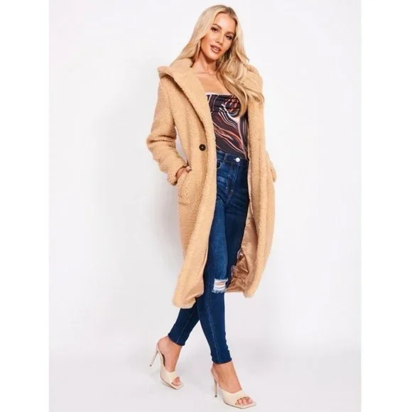 Camel Long Sleeve Hoodie Hooded Long Maxi Borg Teddy Bear Fur Coat - Picture 9 of 16